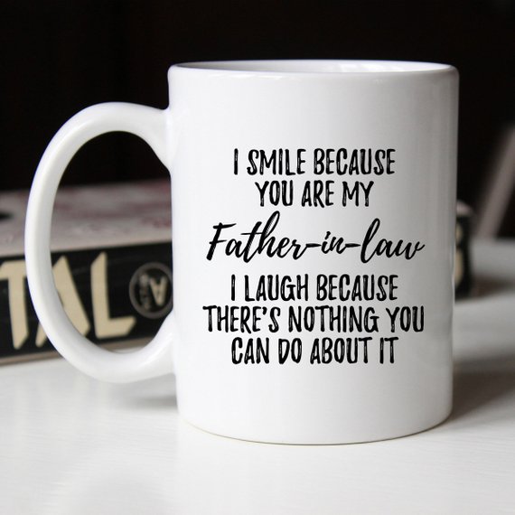 A high-quality white ceramic mug designed for fathers-in-law, featuring a vibrant printed design on both sides, available in 11 and 15 oz sizes.