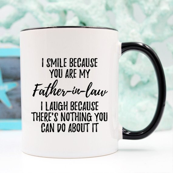 A high-quality white ceramic mug designed for fathers-in-law, featuring a vibrant printed design on both sides, available in 11 and 15 oz sizes.