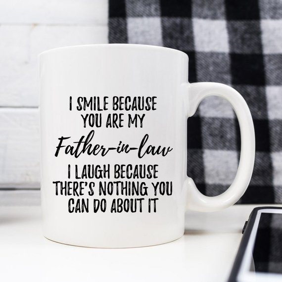 A high-quality white ceramic mug designed for fathers-in-law, featuring a vibrant printed design on both sides, available in 11 and 15 oz sizes.