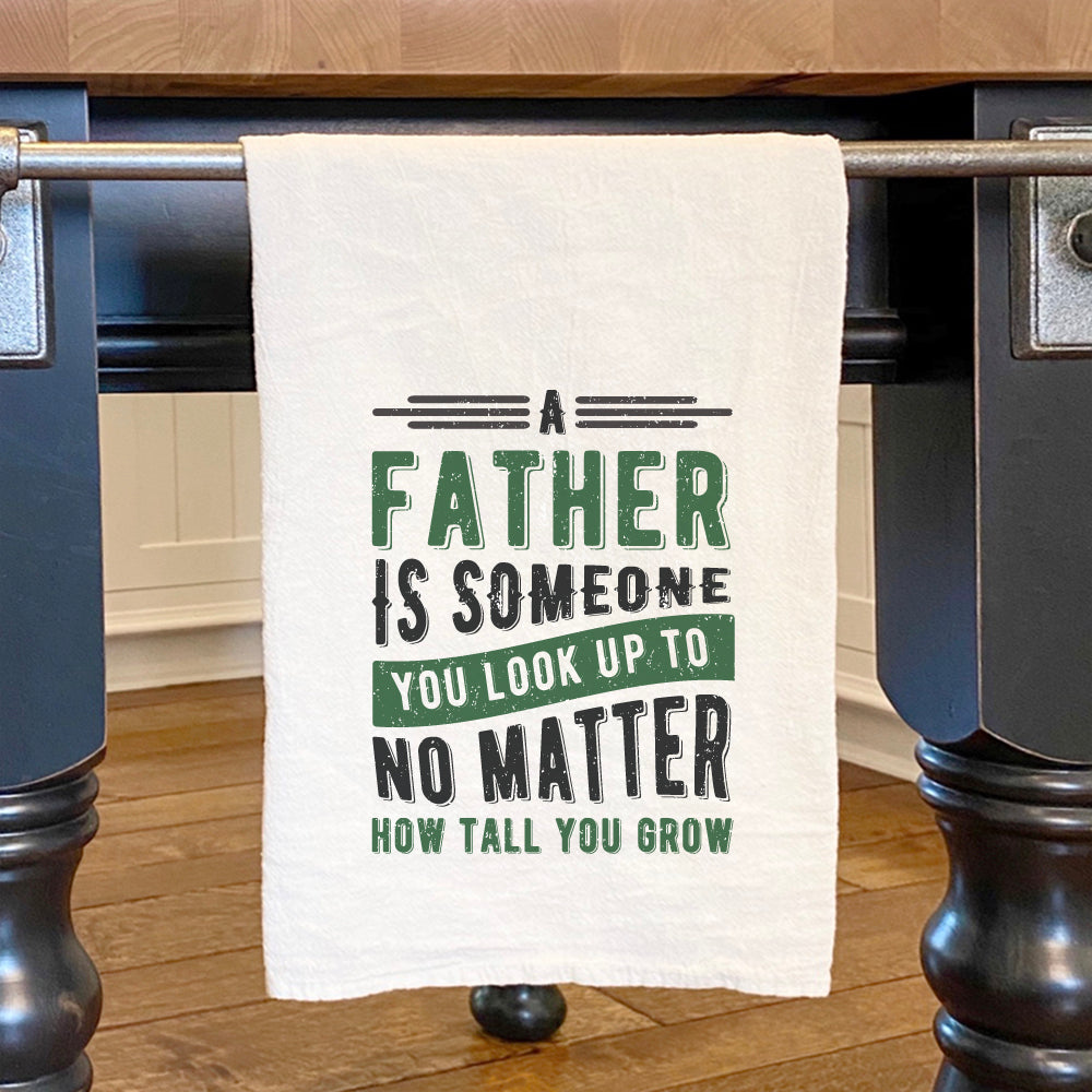 Father Look Up To cotton tea towel featuring a vibrant design, made from 100% organic cotton, measuring 27 inches square.