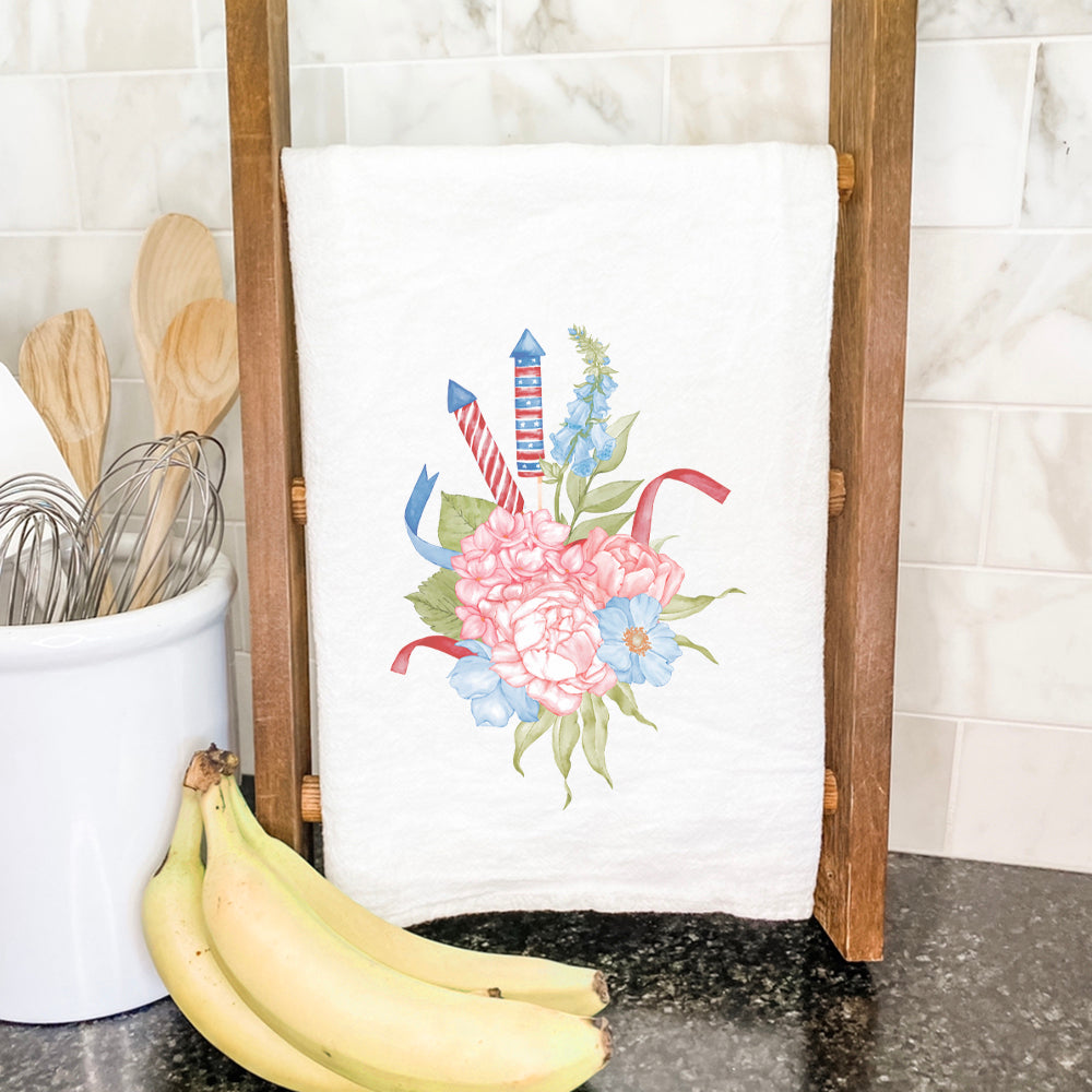 Firecracker Bouquet Cotton Tea Towel featuring vibrant floral design, 27 inches square, made from 100% absorbent cotton.