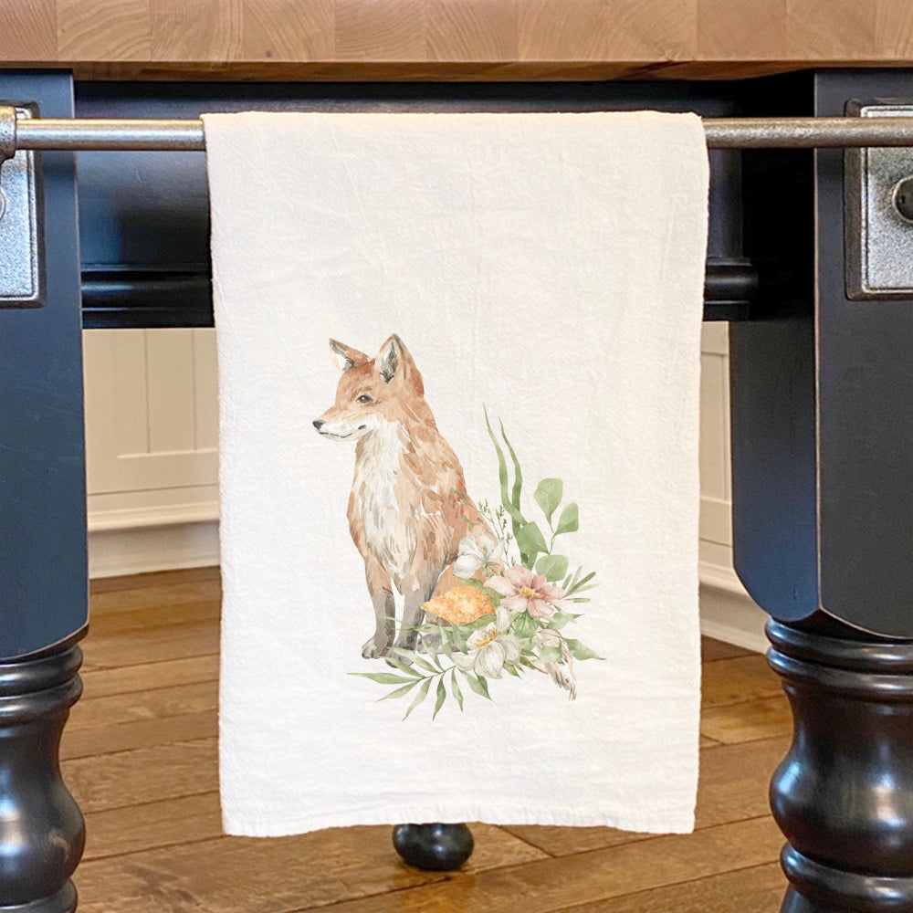 Floral Fox Cotton Tea Towel featuring a vibrant floral design on absorbent cotton fabric, perfect for kitchen use.