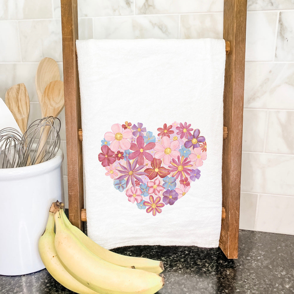 Floral Heart Cotton Tea Towel featuring a vibrant floral design on a white background, perfect for kitchen use.