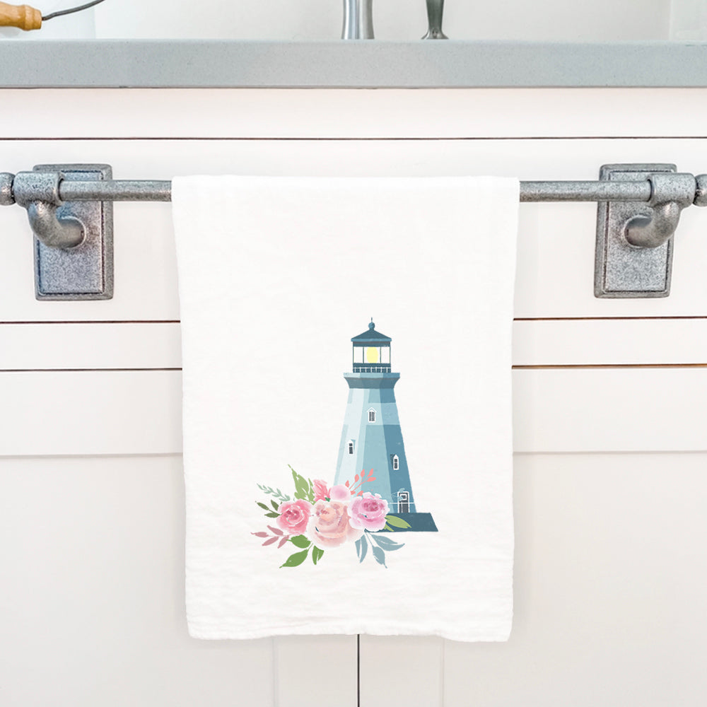 Floral Lighthouse Cotton Tea Towel featuring vibrant floral design on absorbent cotton fabric, perfect for kitchen use.