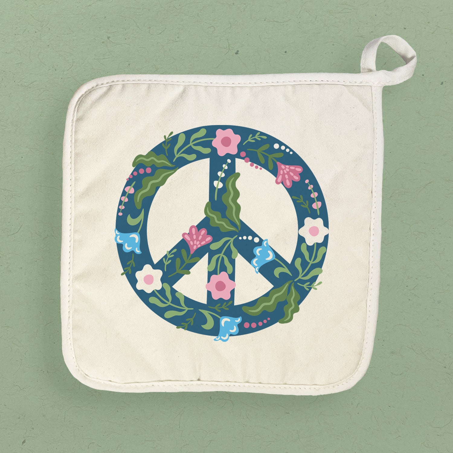 Floral Peace Sign Cotton Pot Holder featuring vibrant colors and a quilted design, perfect for protecting surfaces from hot cookware.