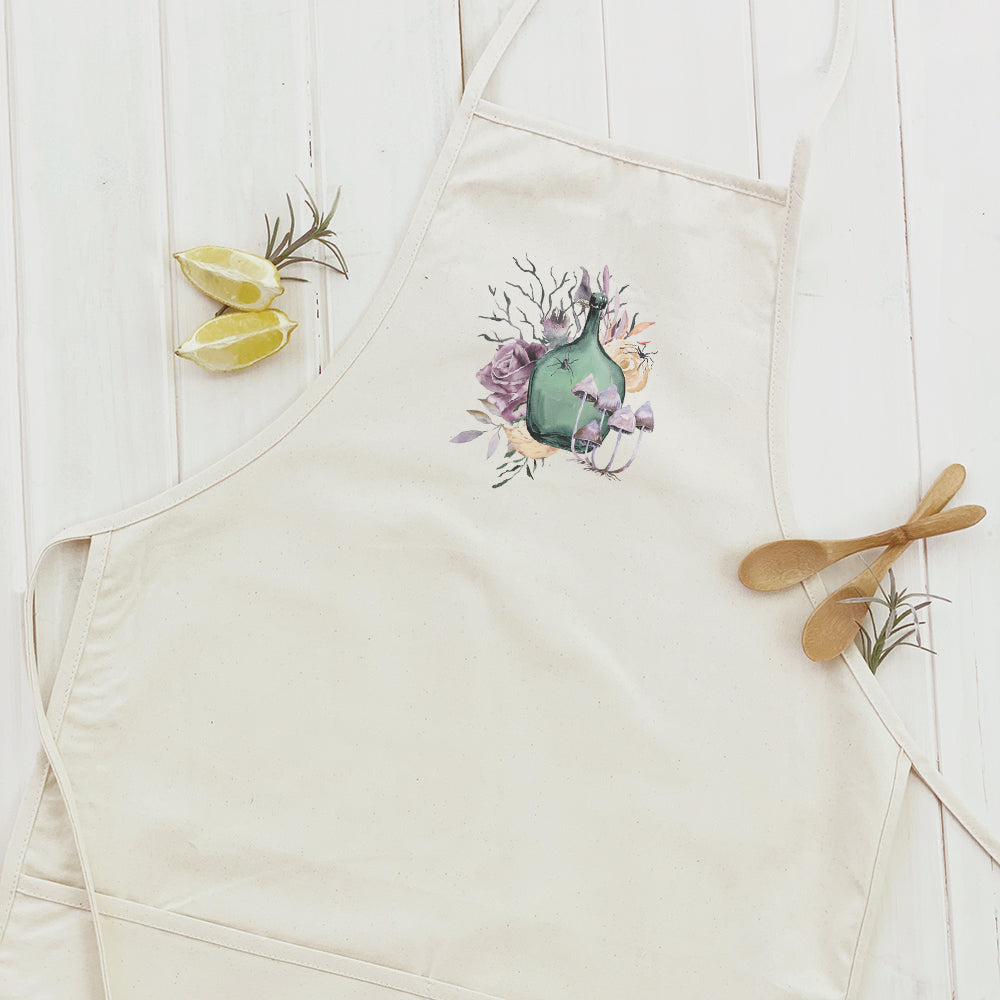 Floral Potion Women's Apron featuring elegant floral design and adjustable neck strap, made from durable cotton canvas.