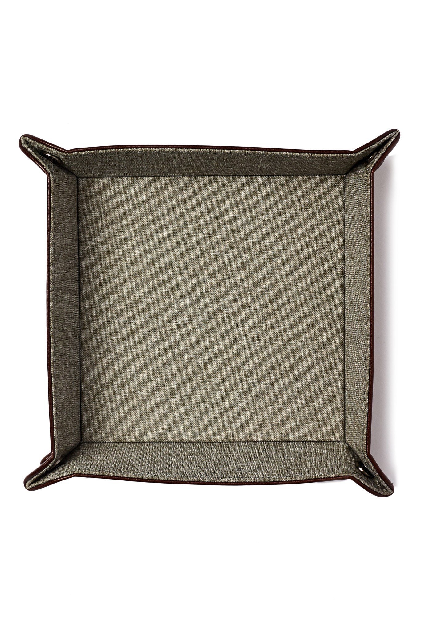 Fabric tray with raised edges.