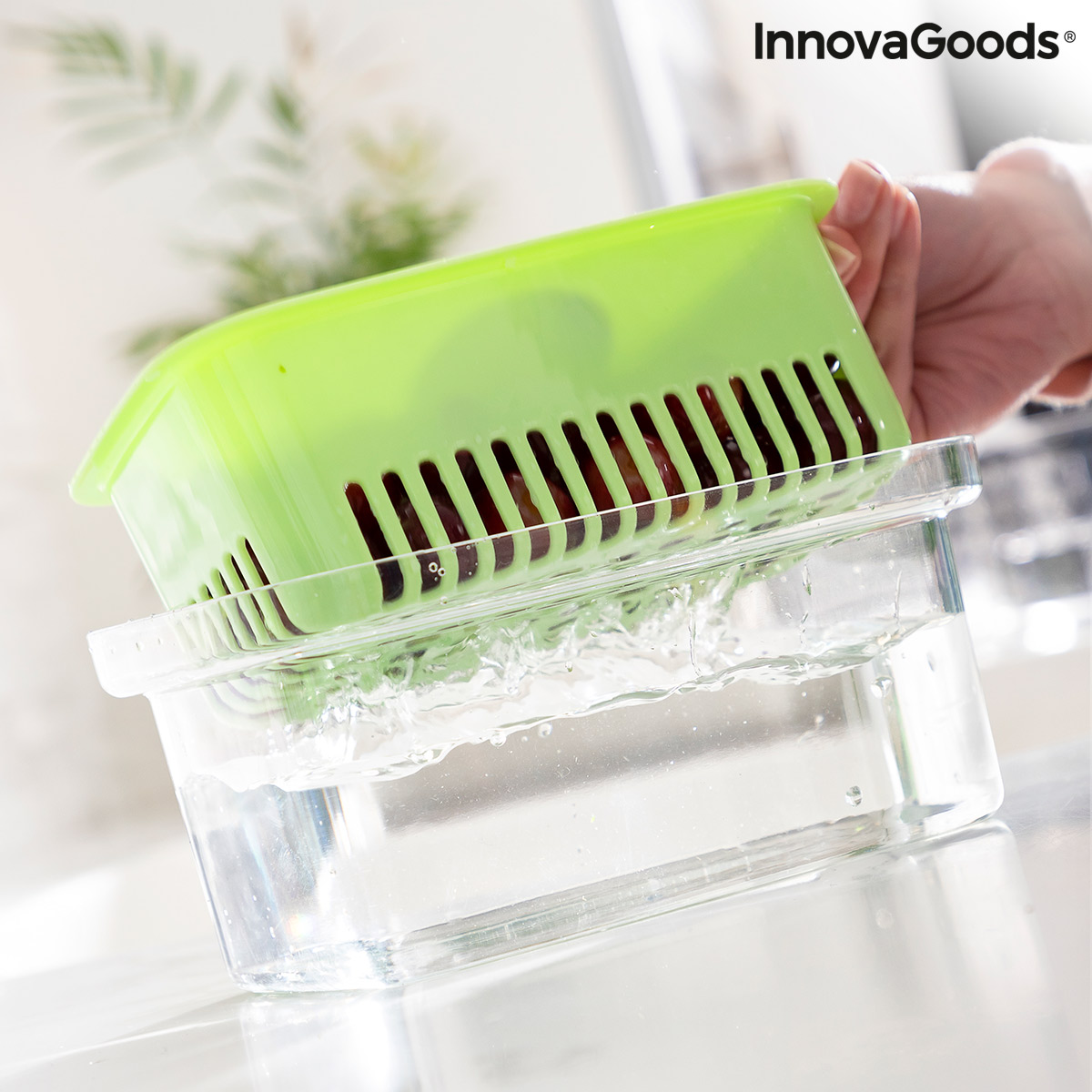 Green colander and clear container.