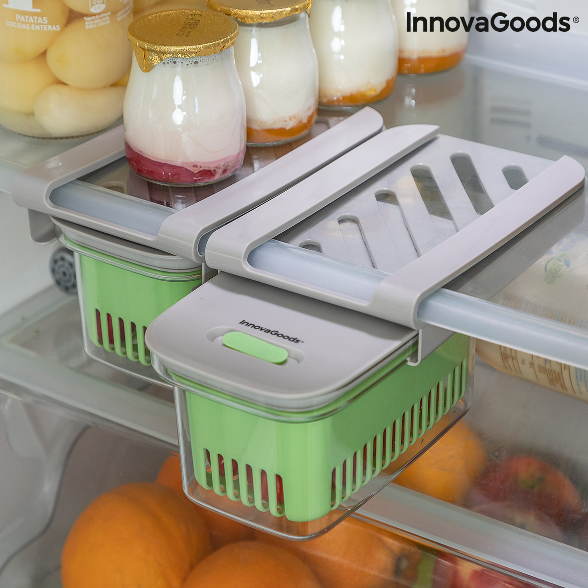 Refrigerator with innovative storage containers.