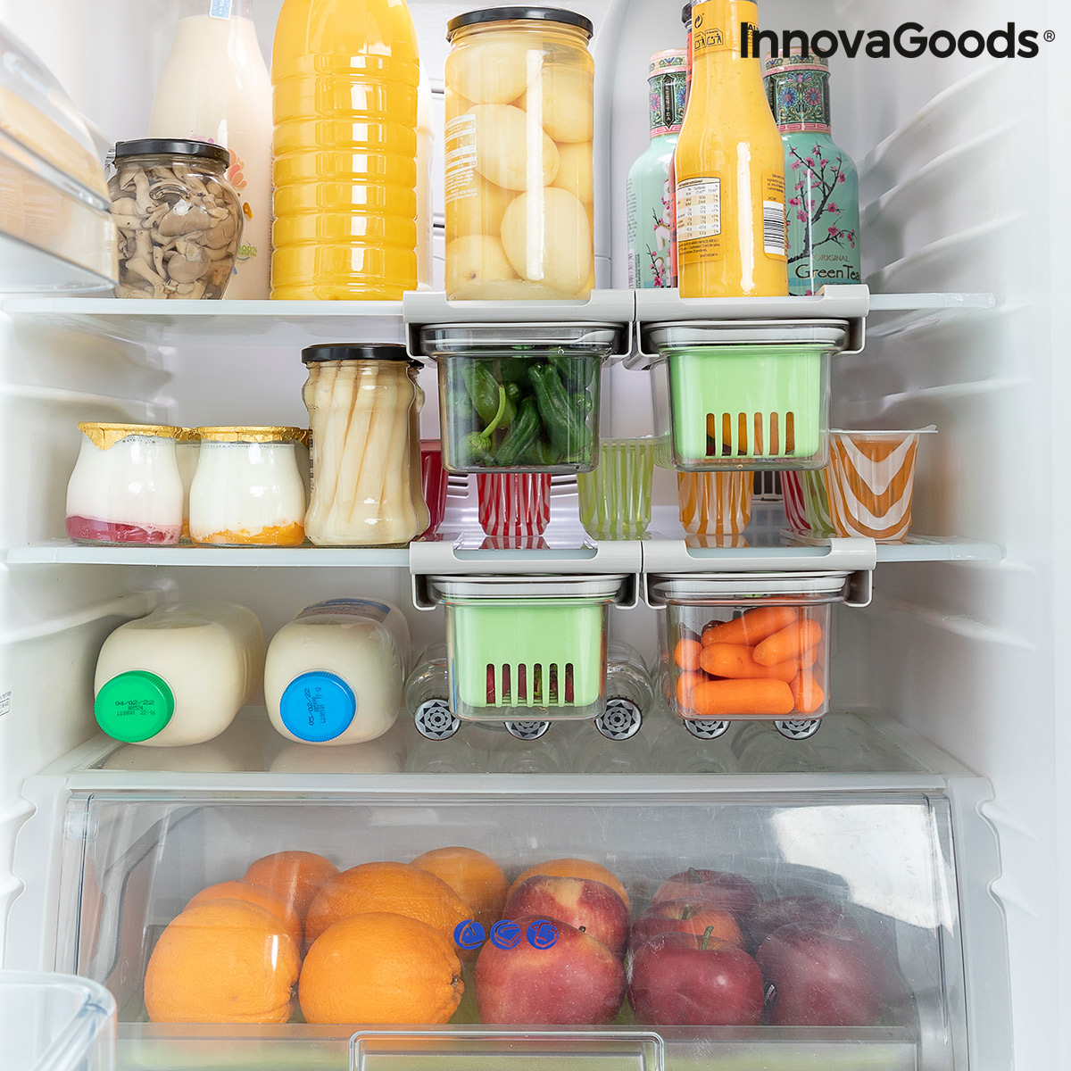 Organized refrigerator with assorted items.