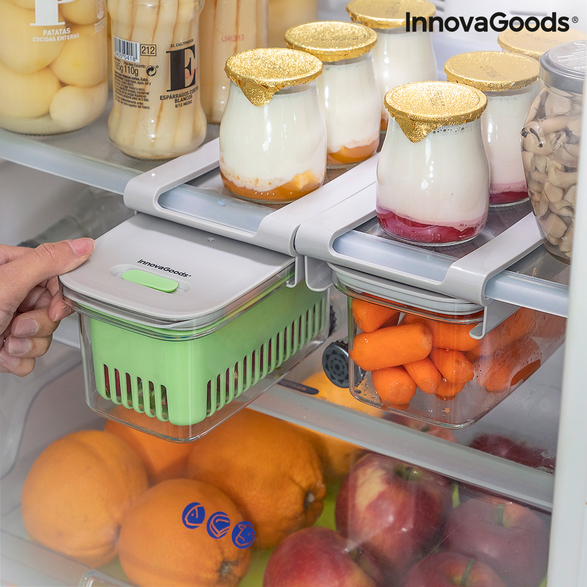 Organized refrigerator with storage containers.