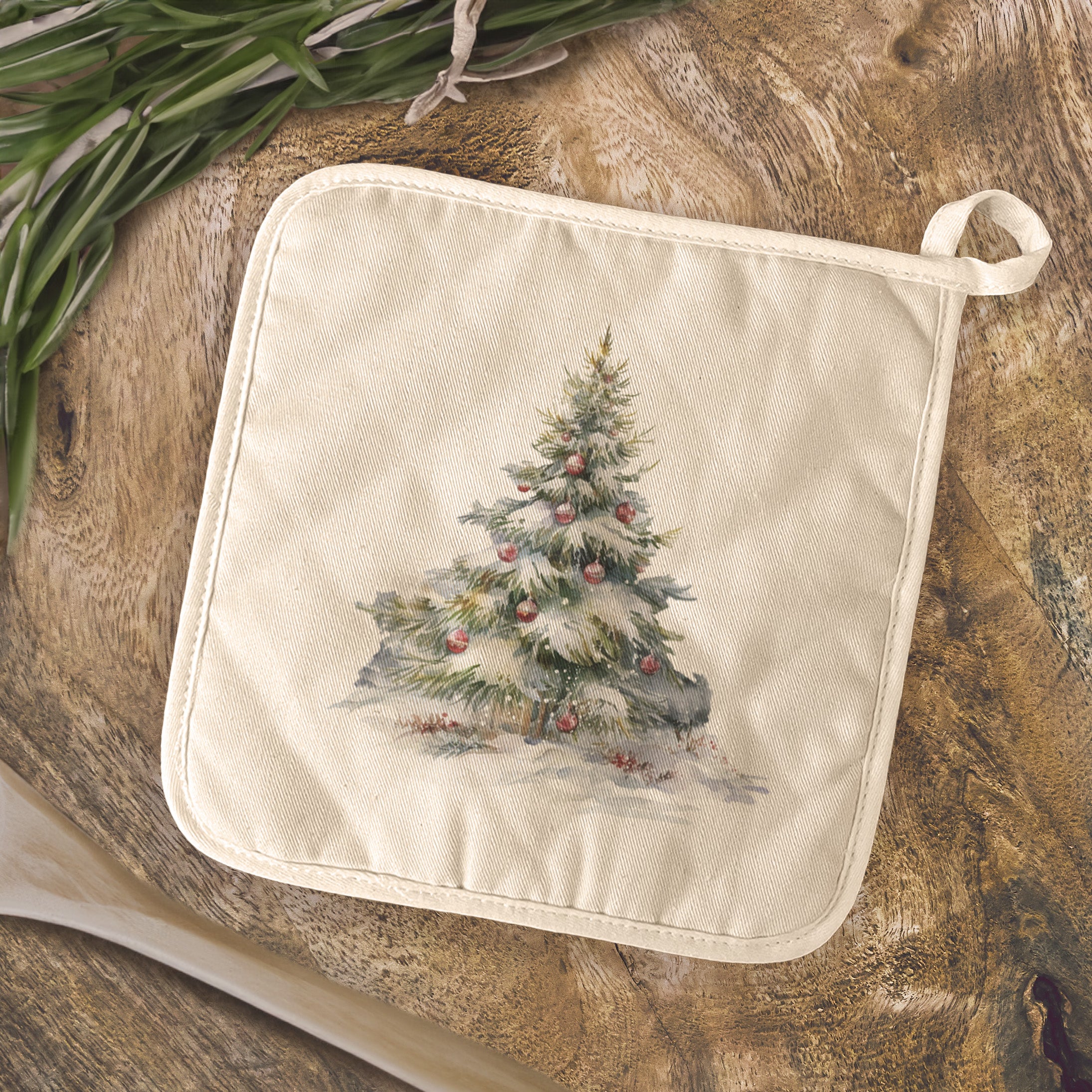 Forest Christmas Tree cotton pot holder with vibrant design, perfect for protecting surfaces from hot cookware.