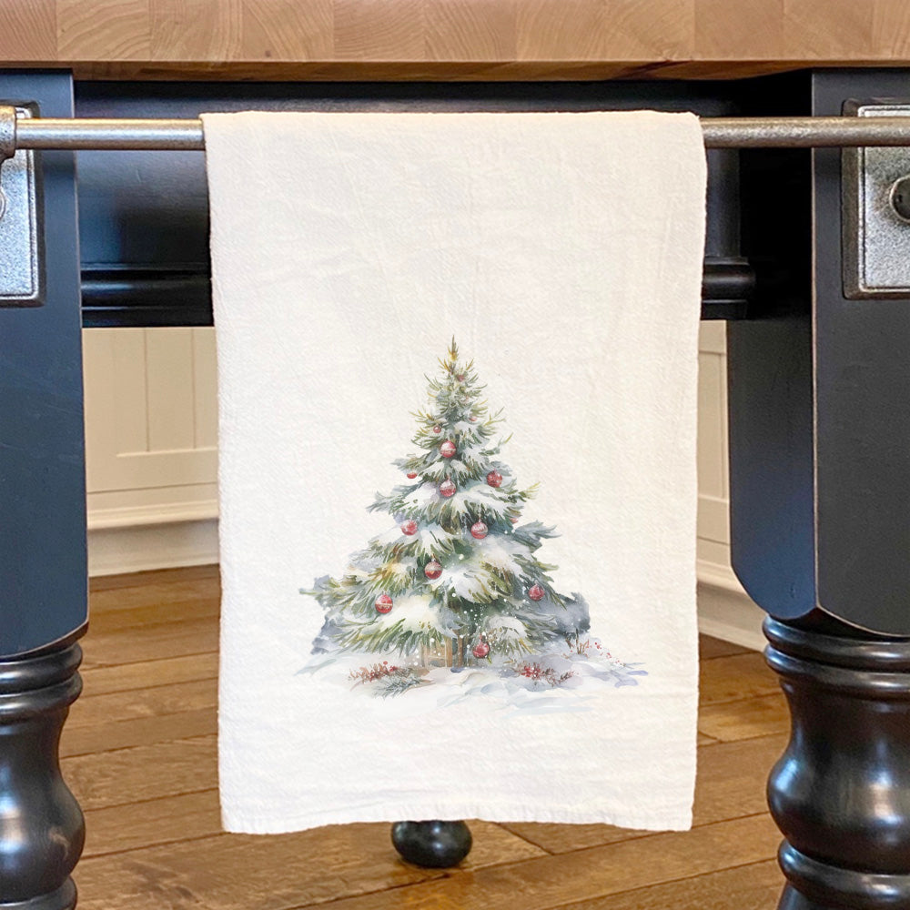 Forest Christmas Tree cotton tea towel featuring vibrant colors and a festive design, perfect for holiday kitchen decor.