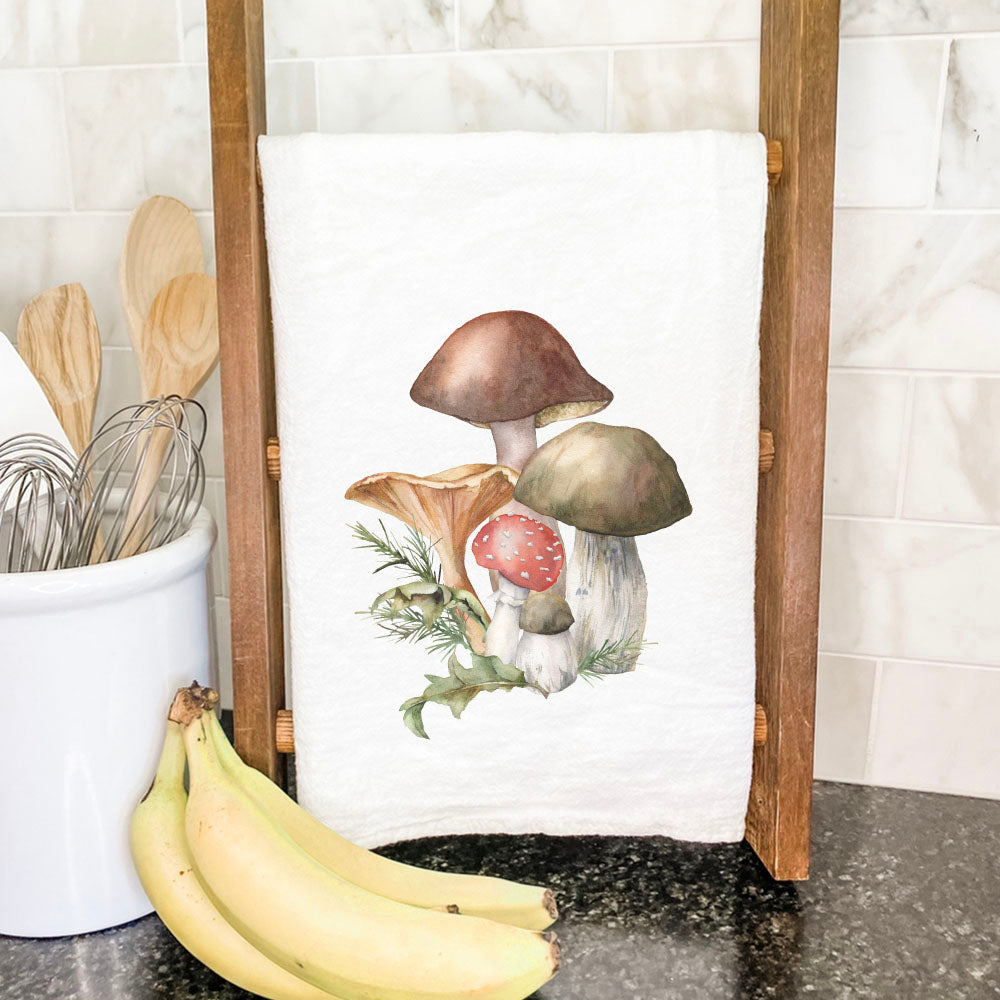 Forest Mushrooms Cotton Tea Towel featuring vibrant mushroom designs on a white background, perfect for kitchen use.