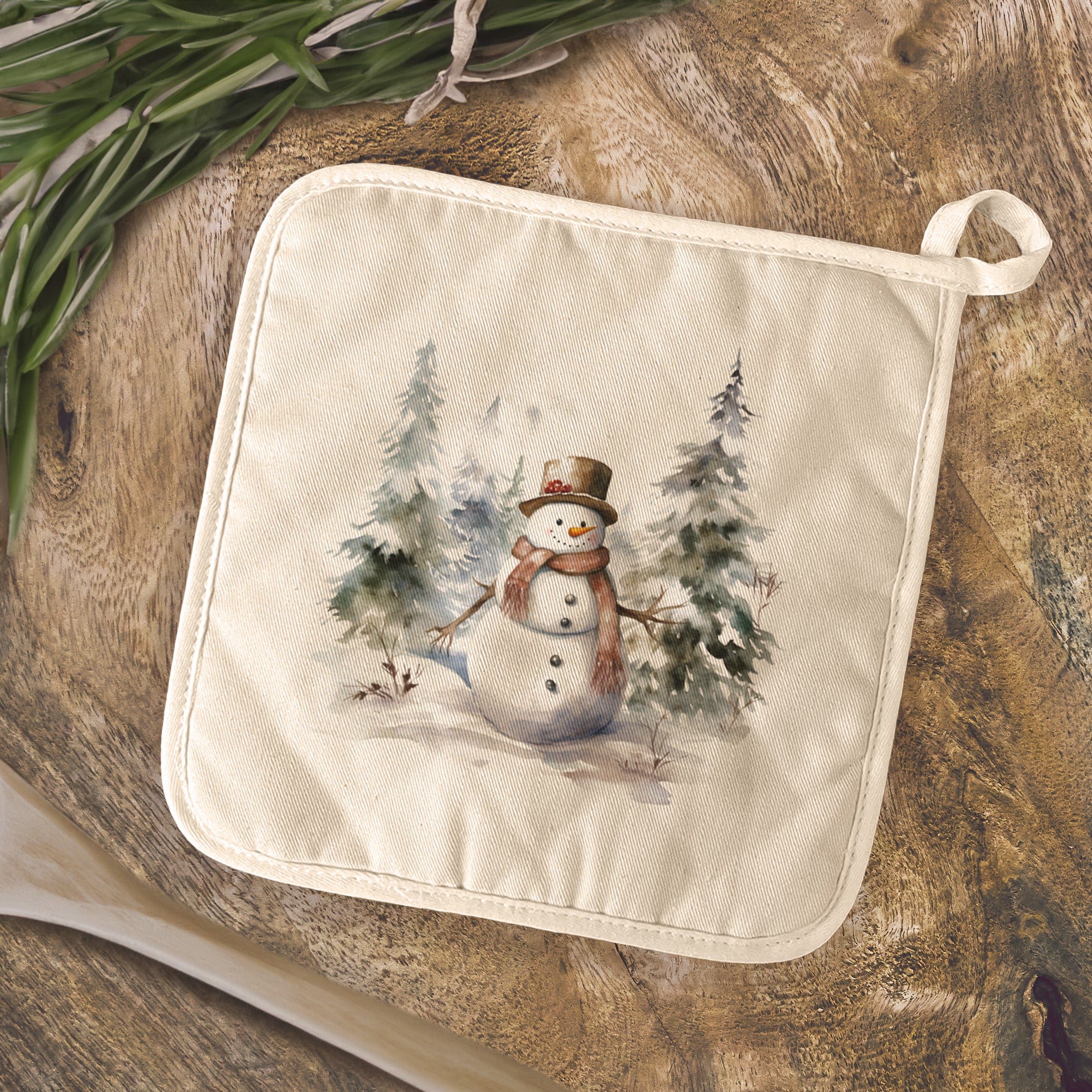 Forest Snowman cotton pot holder featuring a festive snowman design, made from durable cotton and terry cloth.