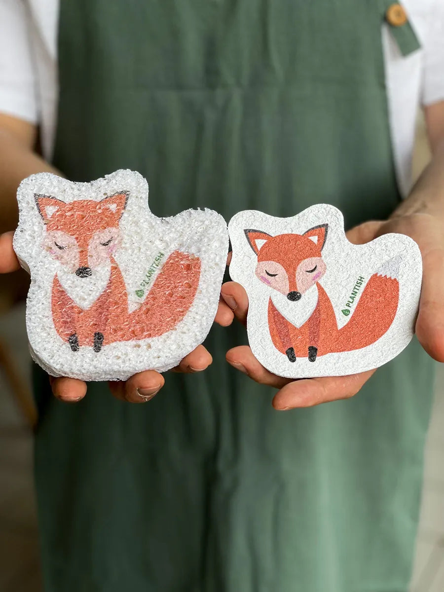 Fox Pop-up Sponge displayed in a kitchen setting, showcasing its eco-friendly design and dimensions.