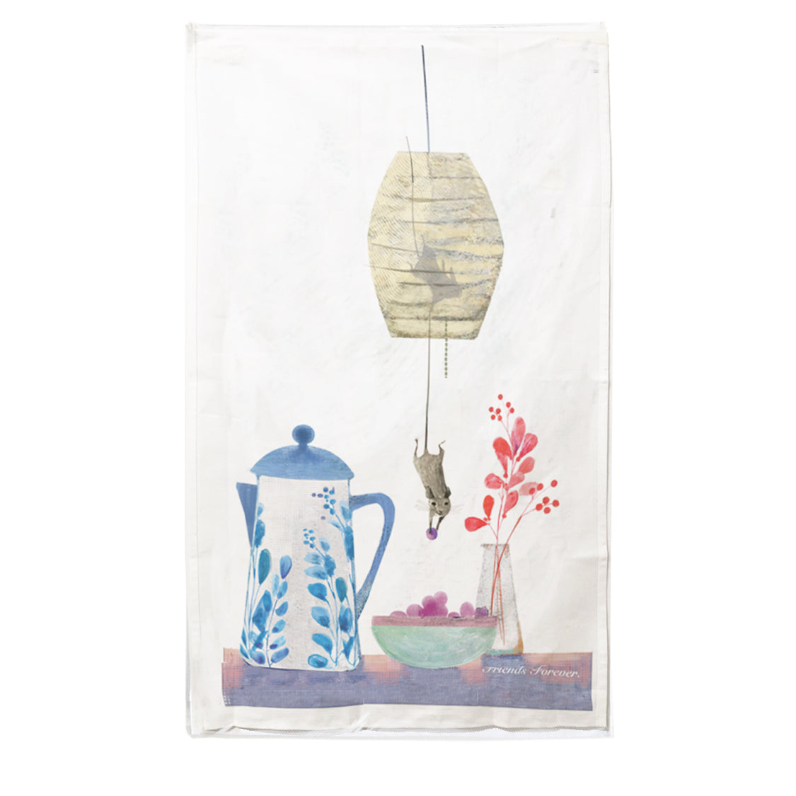 Friends Forever Tea Towel featuring a vibrant edge-to-edge print, hemmed edges, and a hanging loop, measuring 17 in. x 28 in.