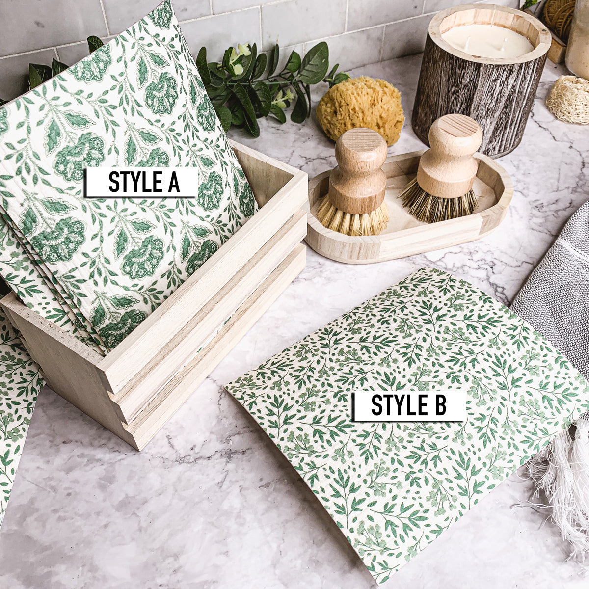 Garden Multipurpose Eco Cloth in three stylish designs, made from biodegradable cellulose and cotton, perfect for eco-friendly cleaning.