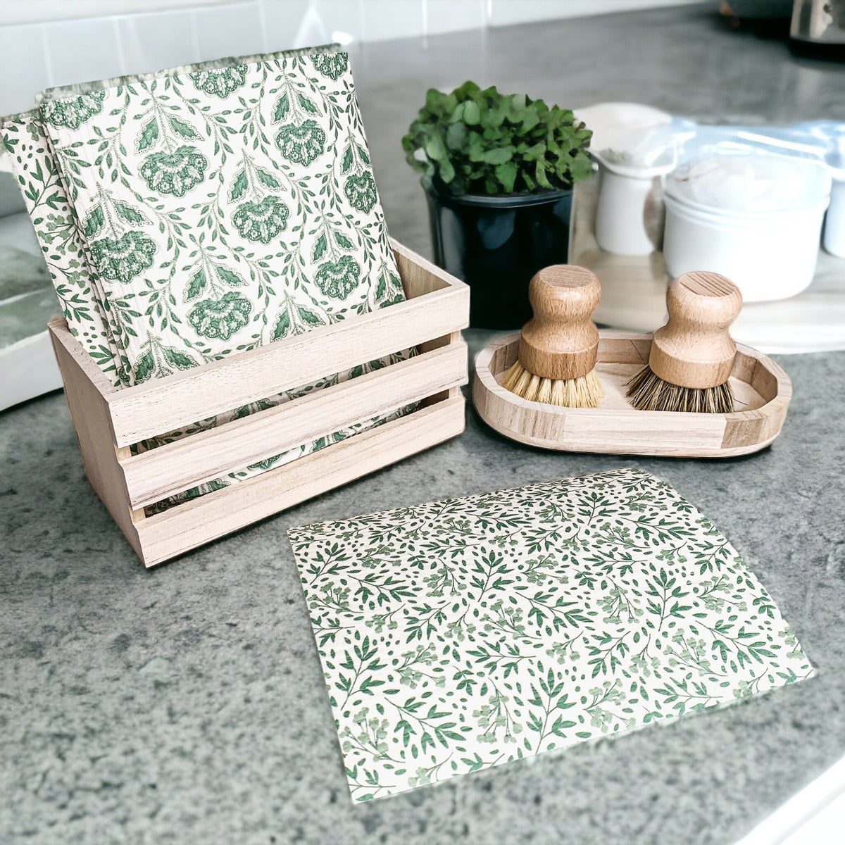 Garden Multipurpose Eco Cloth in three stylish designs, made from biodegradable cellulose and cotton, perfect for eco-friendly cleaning.