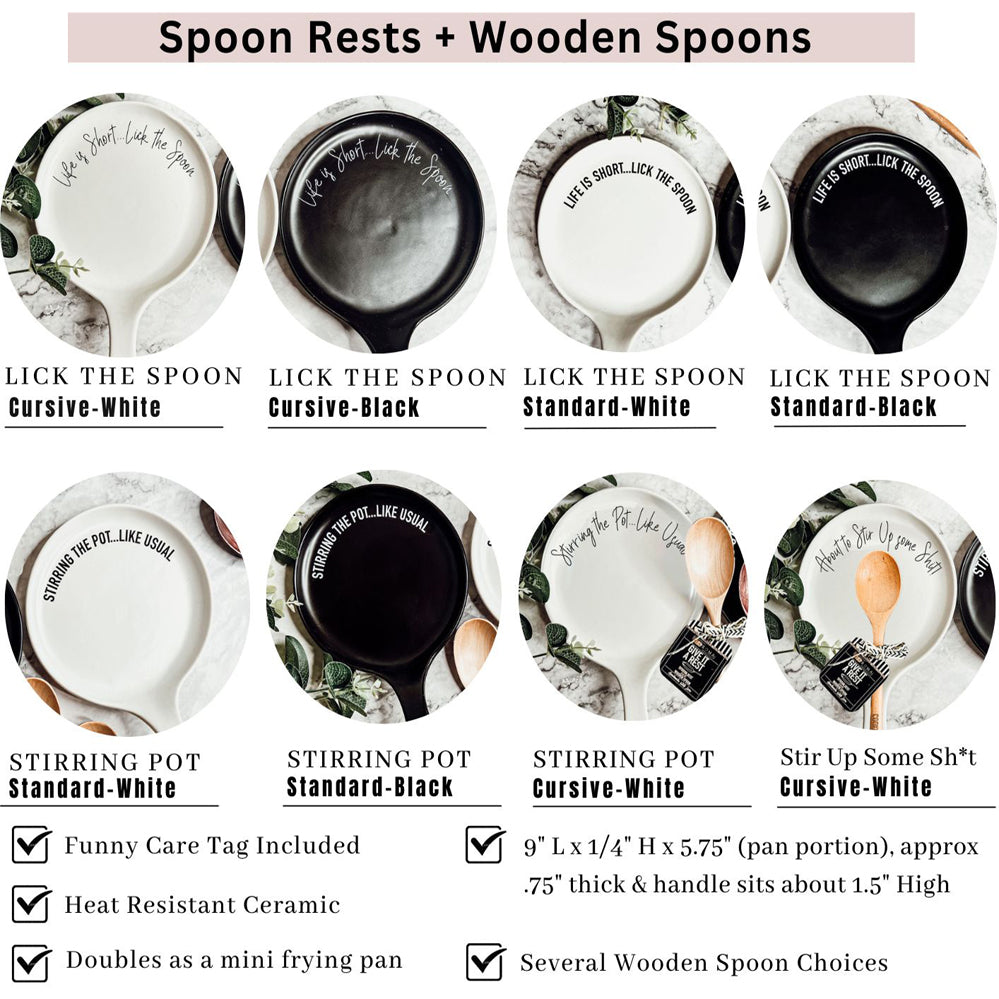 Give it a Rest LG NEW spoon rest and wooden spoon set featuring colorful designs and fun quotes, perfect for keeping kitchens clean.