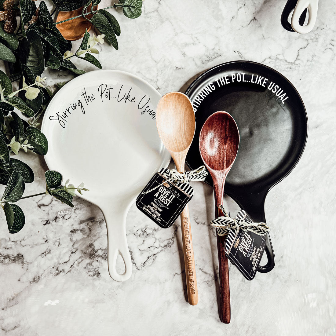 Give it a Rest LG NEW spoon rest and wooden spoon set featuring colorful designs and fun quotes, perfect for keeping kitchens clean.