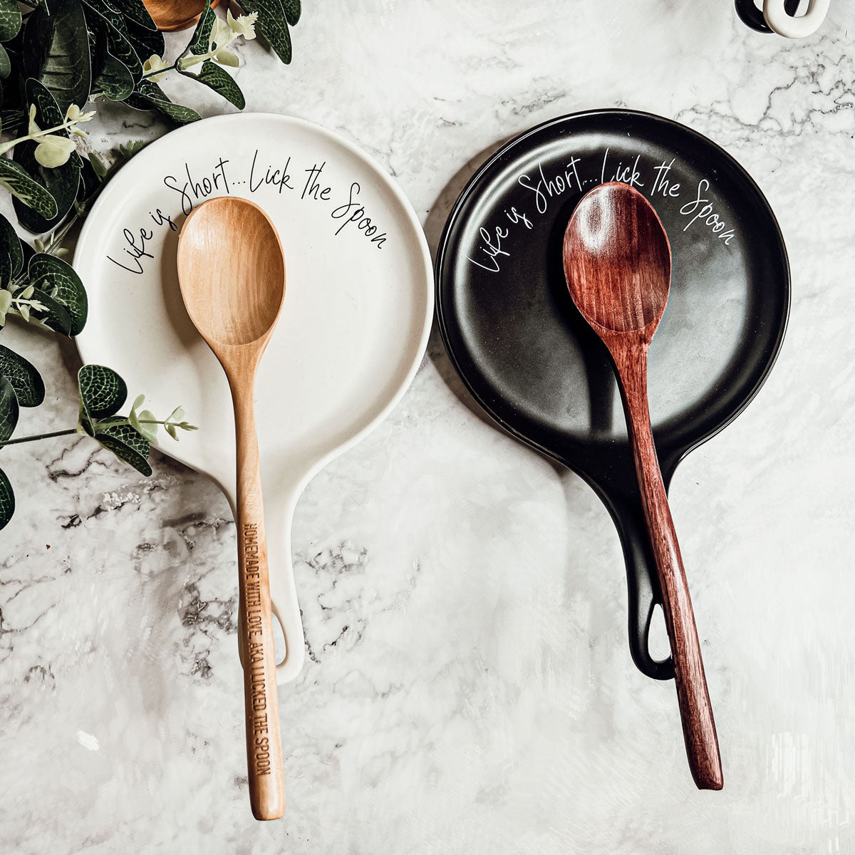 Give it a Rest LG NEW spoon rest and wooden spoon set featuring colorful designs and fun quotes, perfect for keeping kitchens clean.