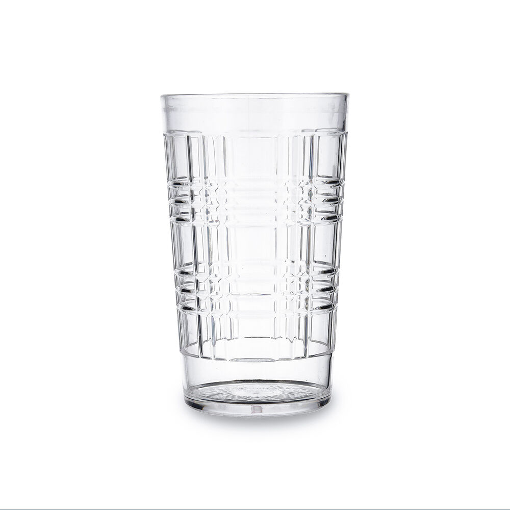 Clear, patterned drinking glass.