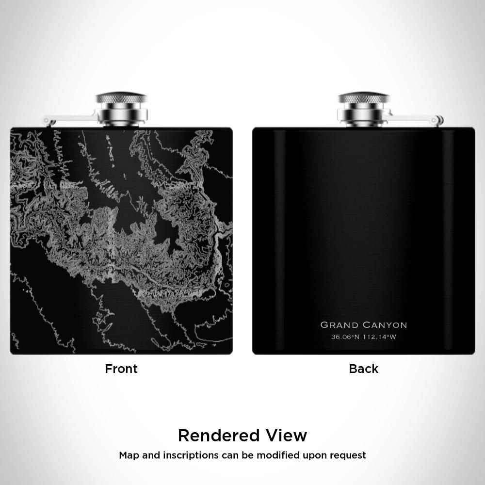 Matte black hip flask featuring a custom engraved map of Grand Canyon National Park, Arizona, with coordinates.