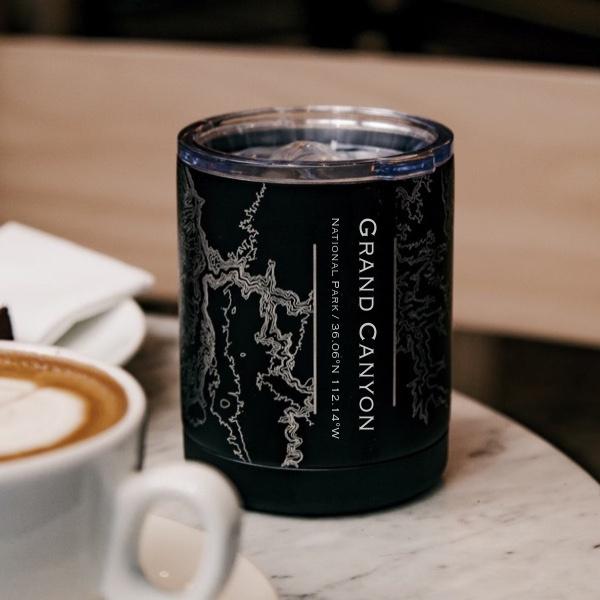 Custom engraved insulated cup featuring a Grand Canyon map in matte black stainless steel.