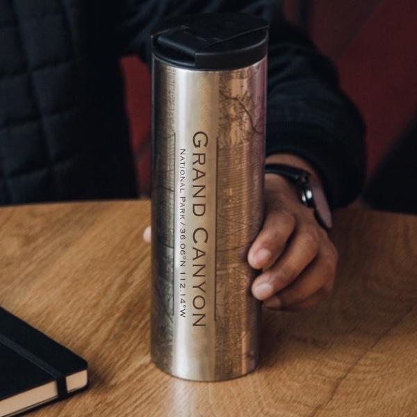 Custom engraved stainless steel tumbler featuring a detailed map of Grand Canyon National Park, Arizona.