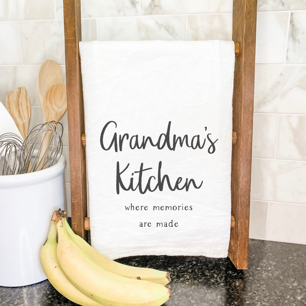 Grandma's Kitchen Cotton Tea Towel featuring vibrant designs and absorbent fabric, perfect for kitchen use.