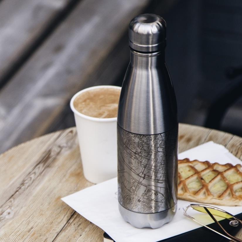 Custom engraved insulated bottle featuring a map of Great Smoky Mountains National Park, Tennessee, with coordinates.