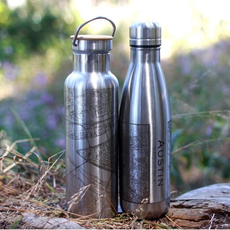 Custom engraved insulated bottle featuring a map of Great Smoky Mountains National Park, Tennessee, with coordinates.