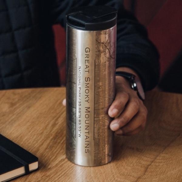 Custom engraved stainless steel tumbler featuring a map of Great Smoky Mountains National Park, Tennessee.