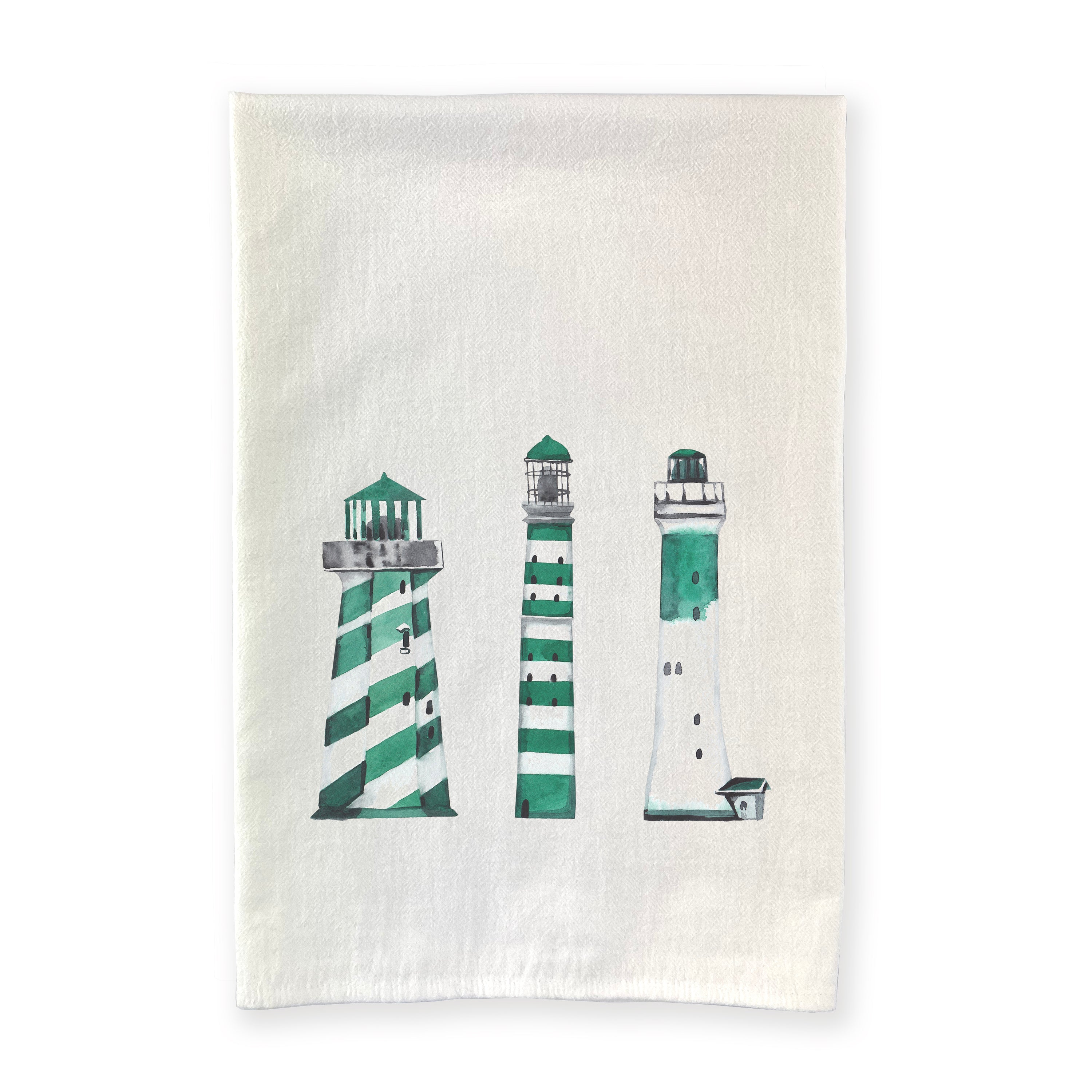 Green Lighthouses cotton tea towel featuring vibrant lighthouse designs, perfect for kitchen use.