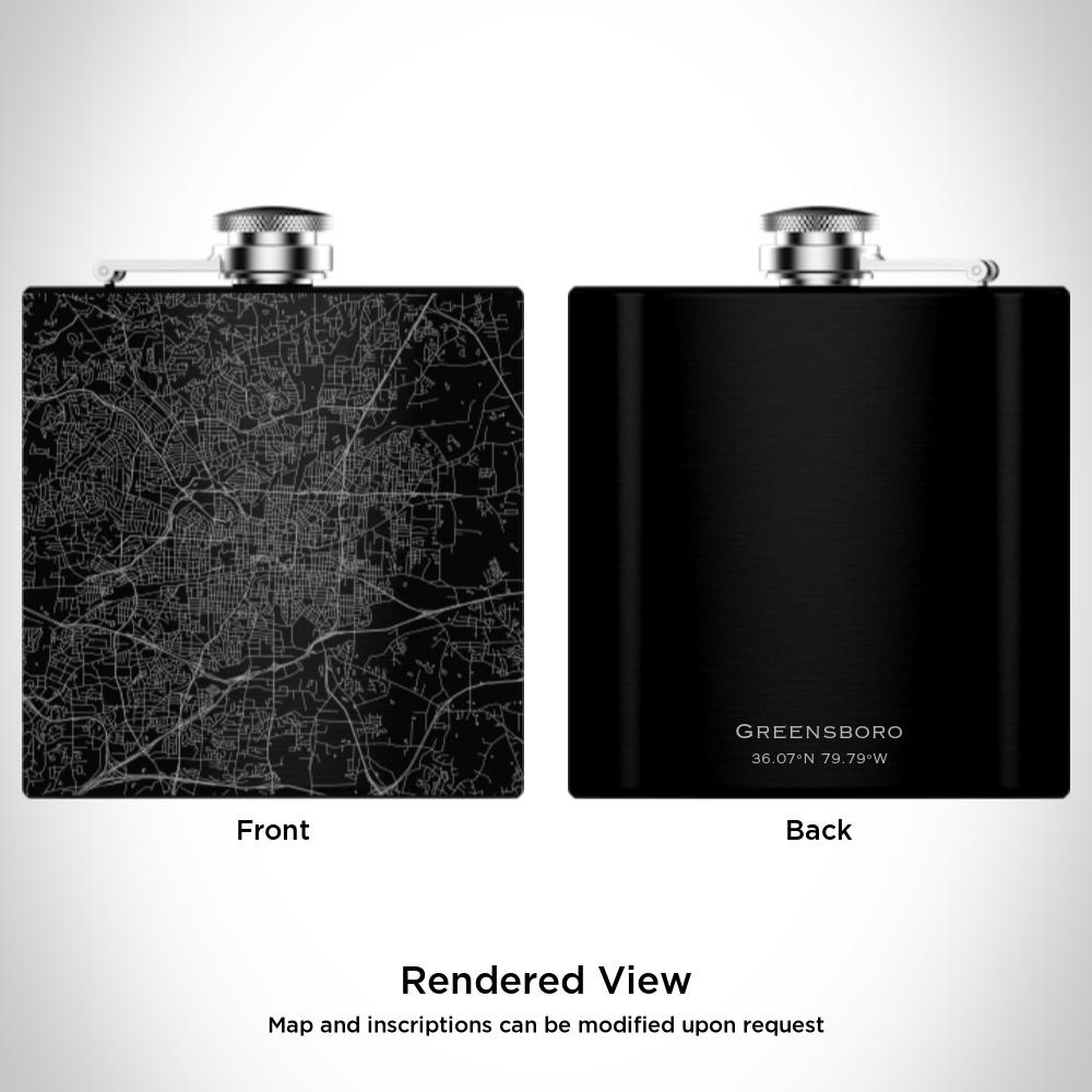 Matte black hip flask featuring a custom engraved map of Greensboro, North Carolina, with coordinates, alongside a canvas bag and funnel.