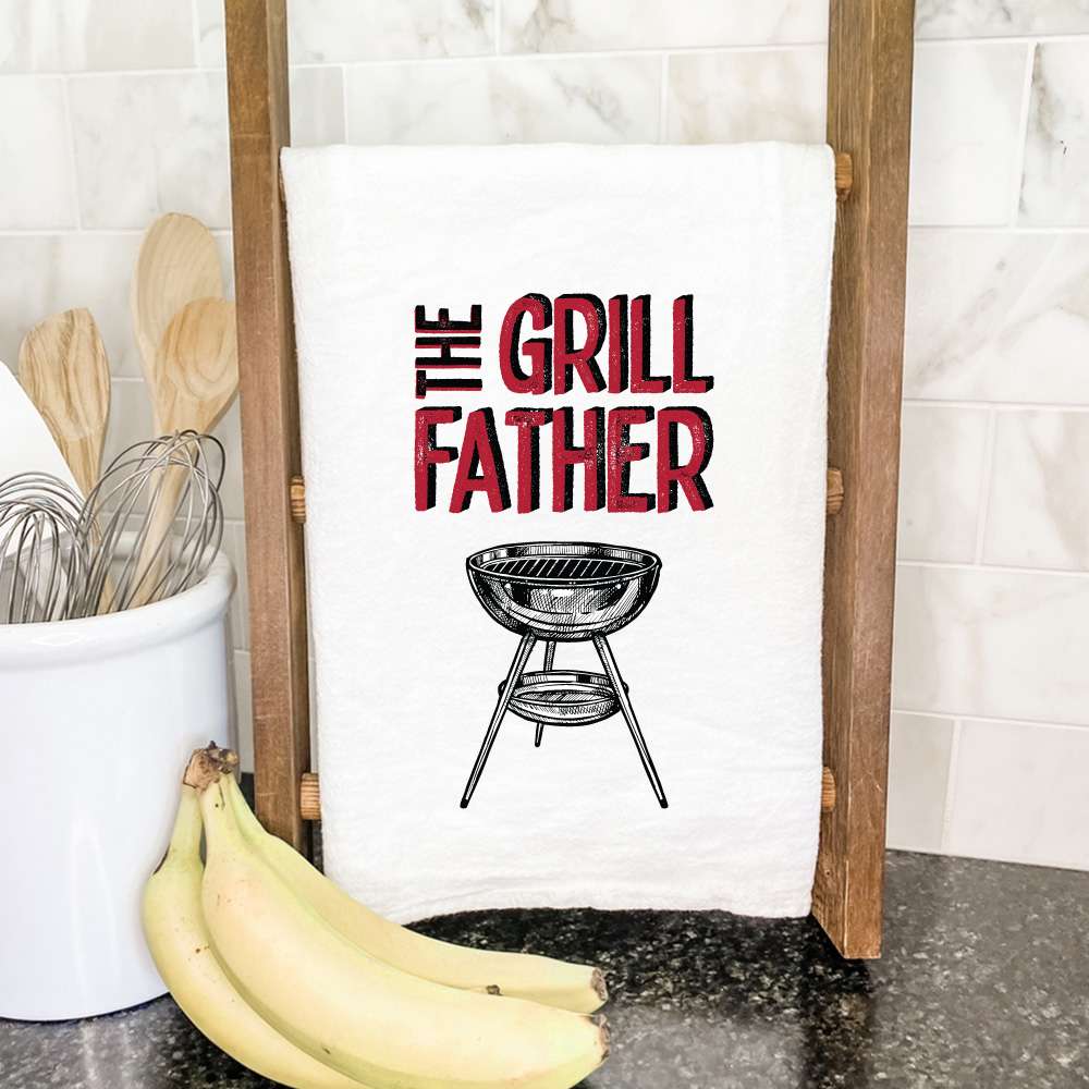 Grill Father Cotton Tea Towel featuring vibrant design, 100% absorbent cotton, and hemmed edges, perfect for grilling enthusiasts.