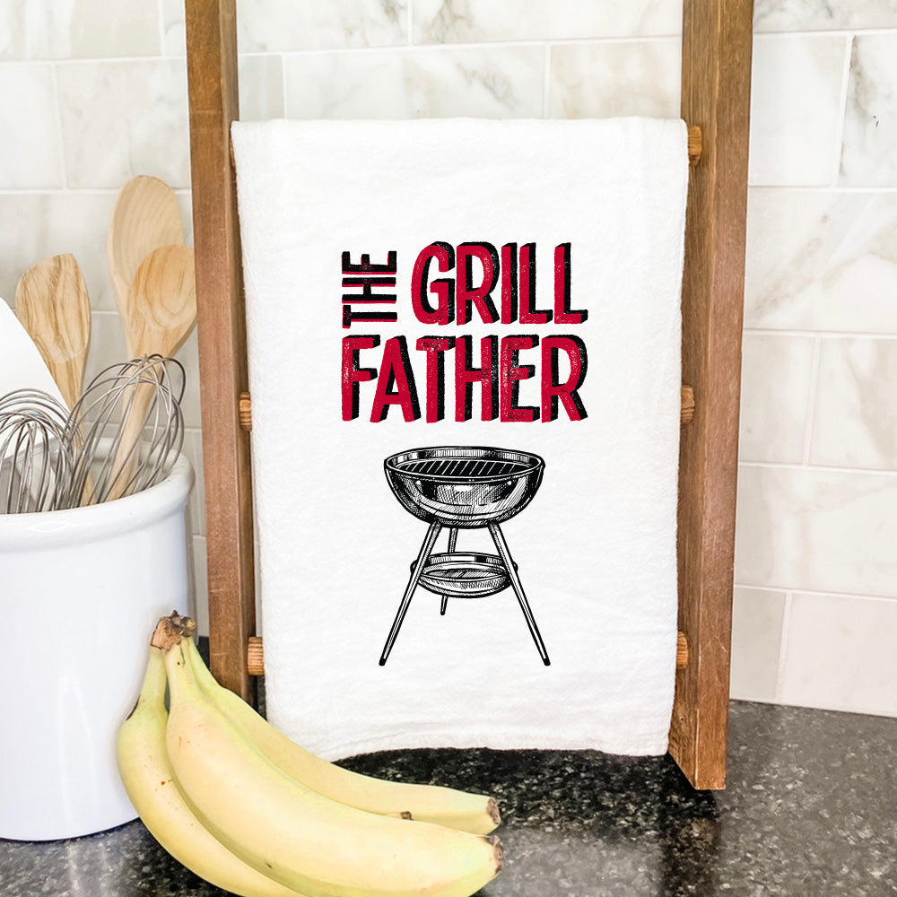 Grill Father Cotton Tea Towel featuring vibrant design, 100% absorbent cotton, and hemmed edges, perfect for grilling enthusiasts.