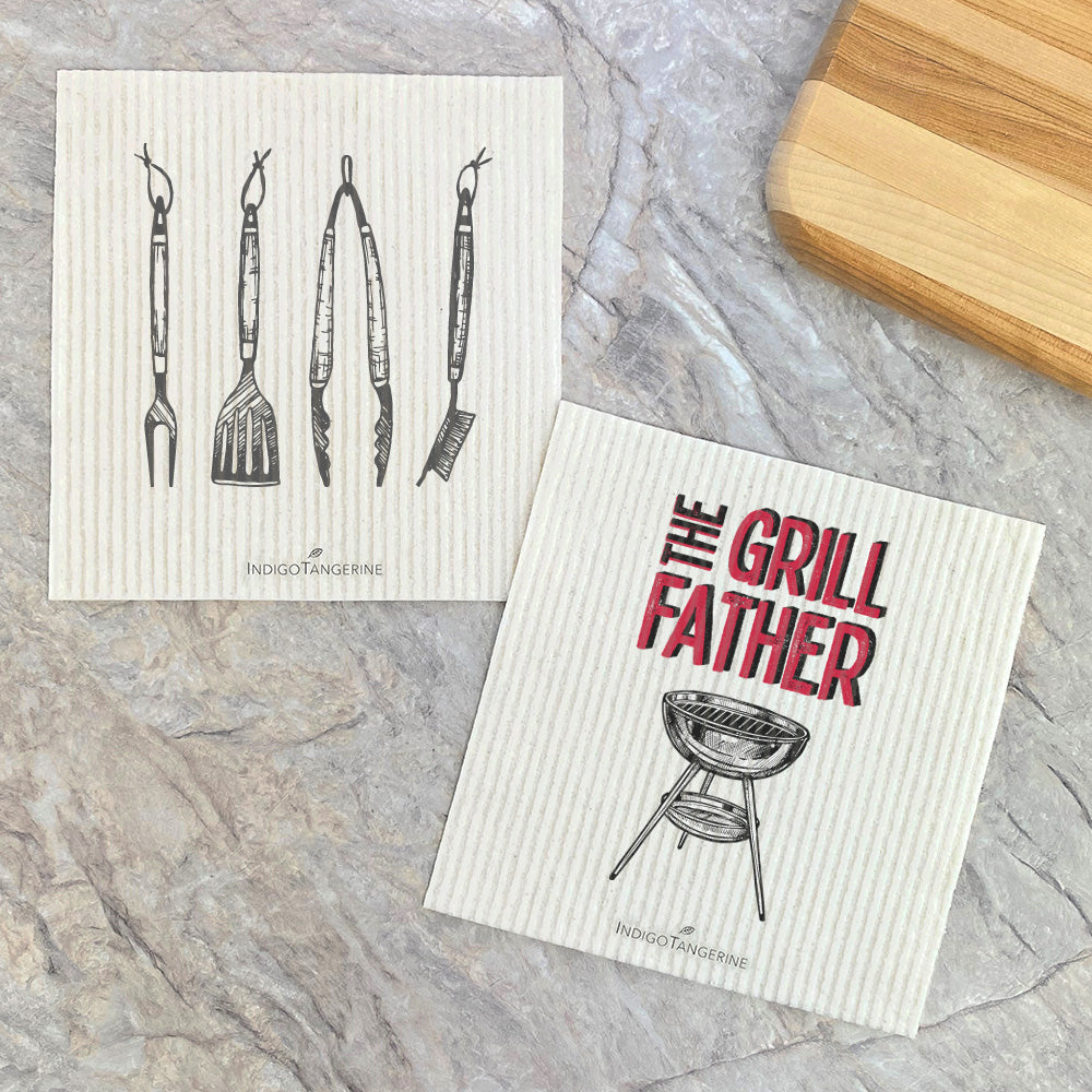 Grill Father Swedish dish cloths in stylish designs, eco-friendly and reusable, perfect for kitchen cleaning.