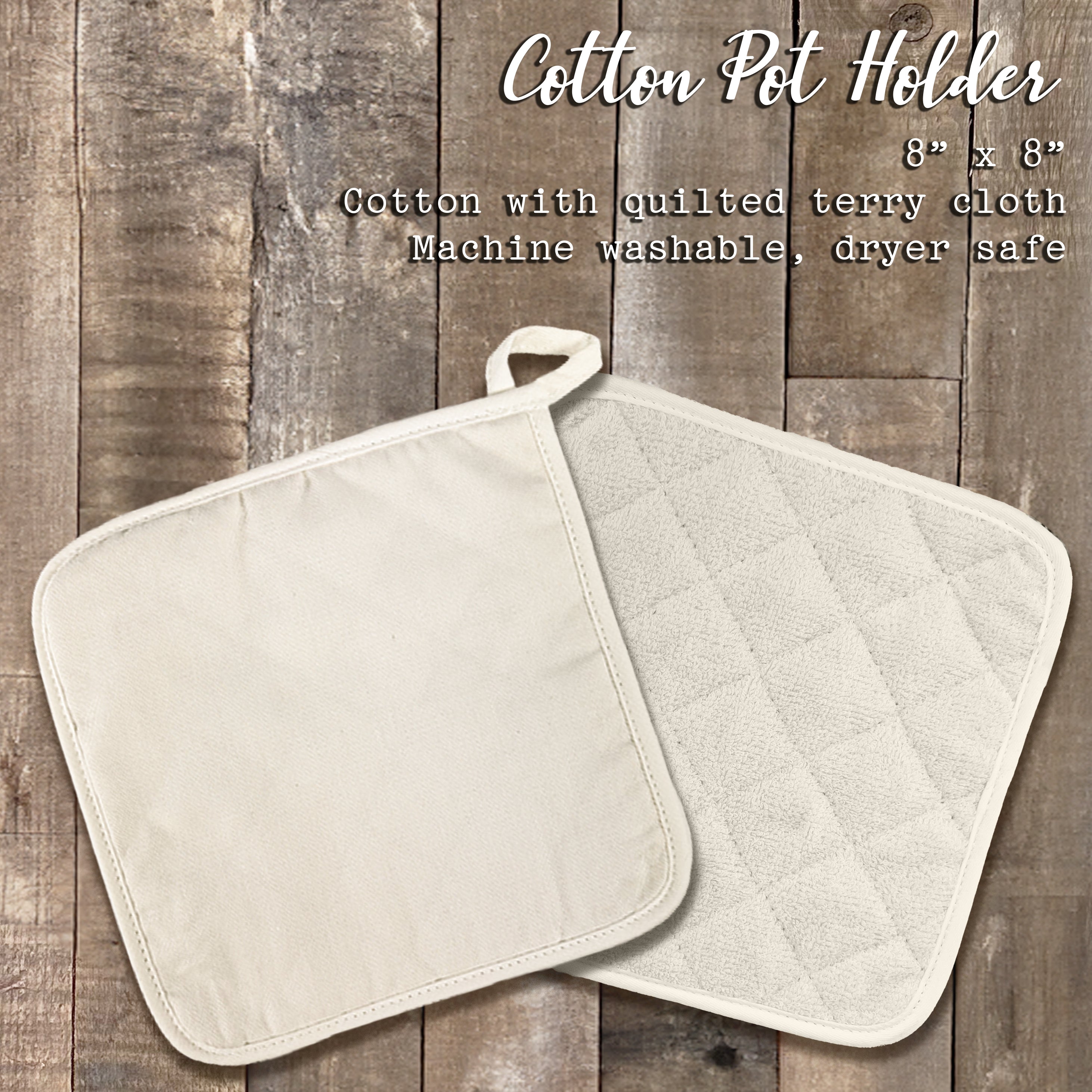 Two beige cotton pot holders.