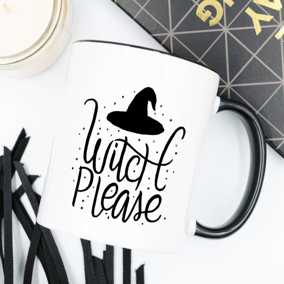 A humorous 'Witch Please - Funny Coffee Mug' featuring a playful Halloween design, crafted from high-quality ceramic, perfect for coffee lovers.