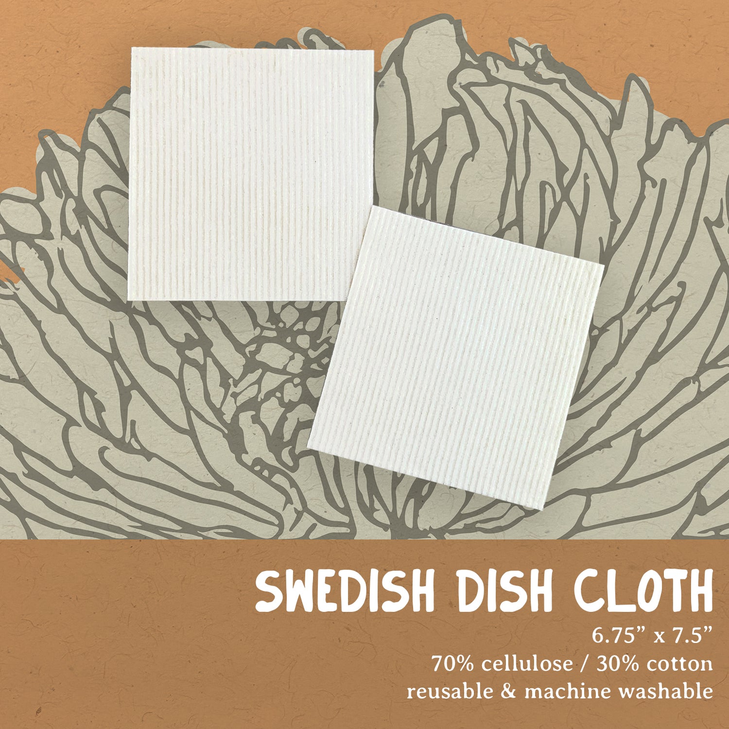 Two eco-friendly Swedish dish cloths featuring hand-drawn floral designs, made from plant-based materials.