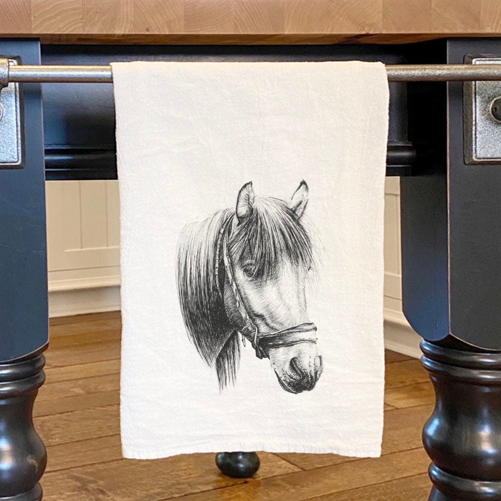 Hand Drawn Horse Cotton Tea Towel featuring a vibrant horse design, made from 100% absorbent cotton, ideal for kitchen use.