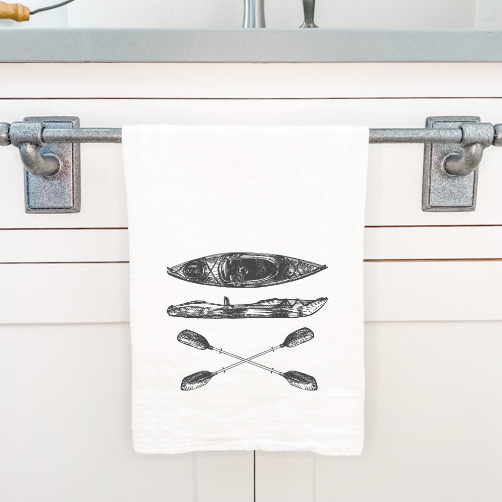 Hand Drawn Kayak Cotton Tea Towel featuring a vibrant kayak design on absorbent cotton fabric.