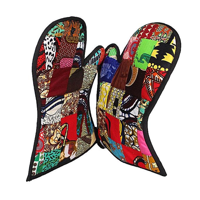 Handcrafted insulated oven gloves made from vibrant kitenge fabric, featuring a multi-colour patchwork design.