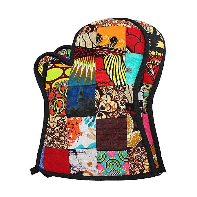 Handcrafted insulated oven gloves made from vibrant kitenge fabric, featuring a multi-colour patchwork design.