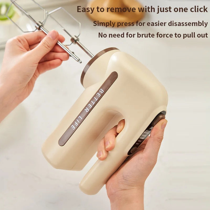 Handheld Electric Food Mixer Machine in white, featuring a sleek design and double-headed mixing rods for efficient blending.