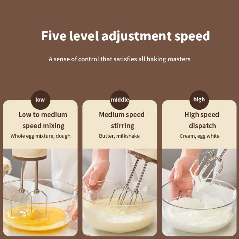 Handheld Electric Food Mixer Machine in white, featuring a sleek design and double-headed mixing rods for efficient blending.