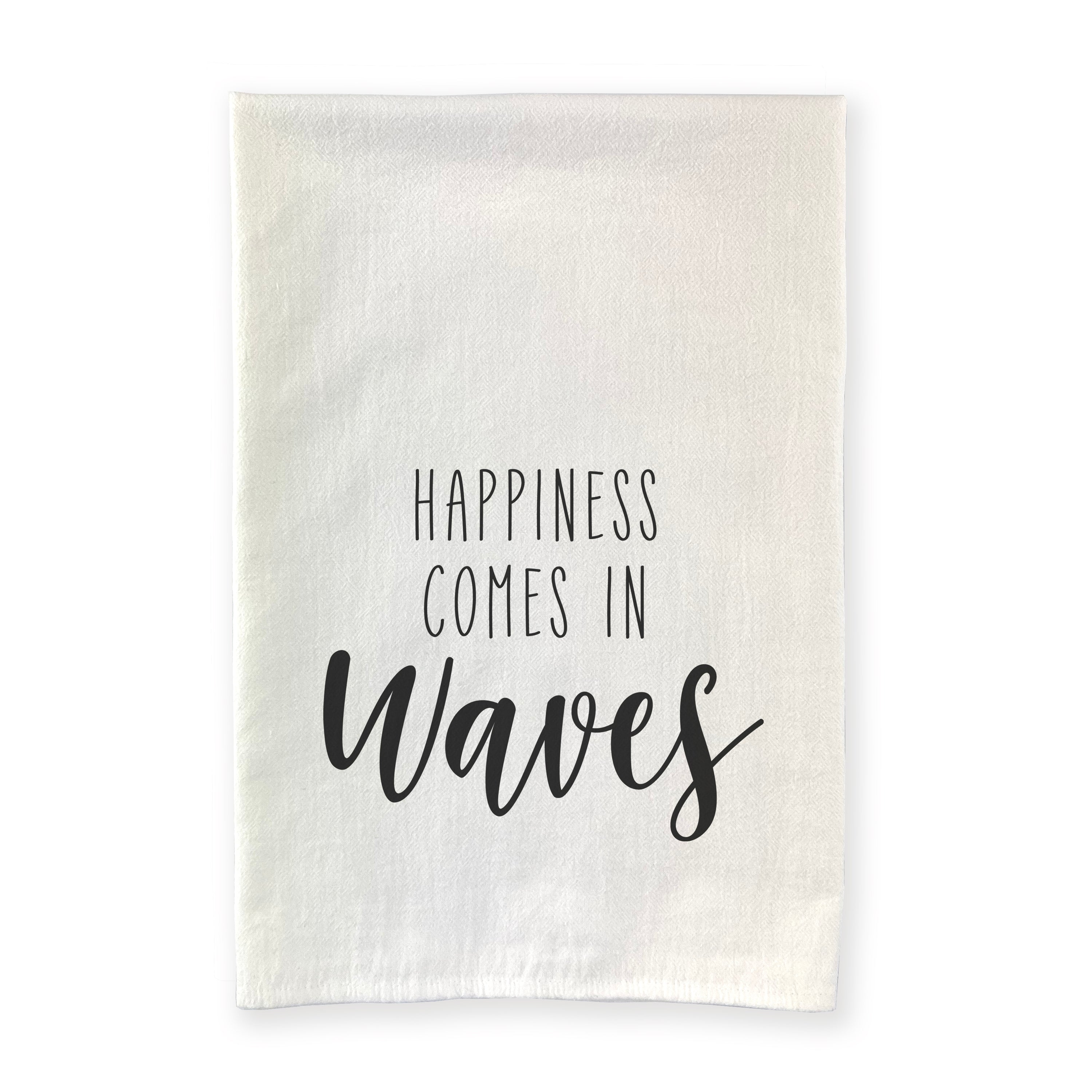 Happiness Comes in Waves cotton tea towel featuring vibrant water-based ink design, perfect for kitchen use and decor.