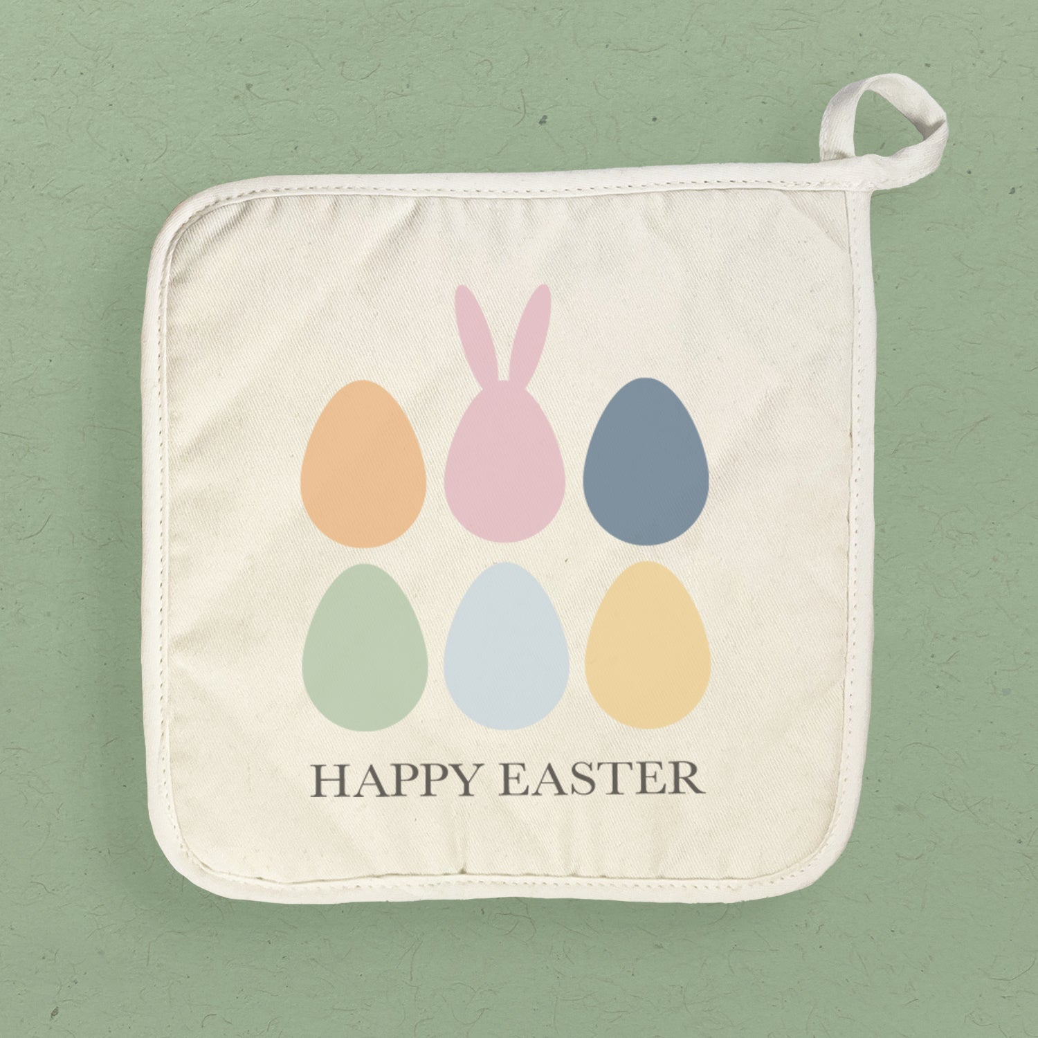 Happy Easter Eggs cotton pot holder featuring vibrant Easter egg designs, quilted terry cloth, and a convenient hanging loop.